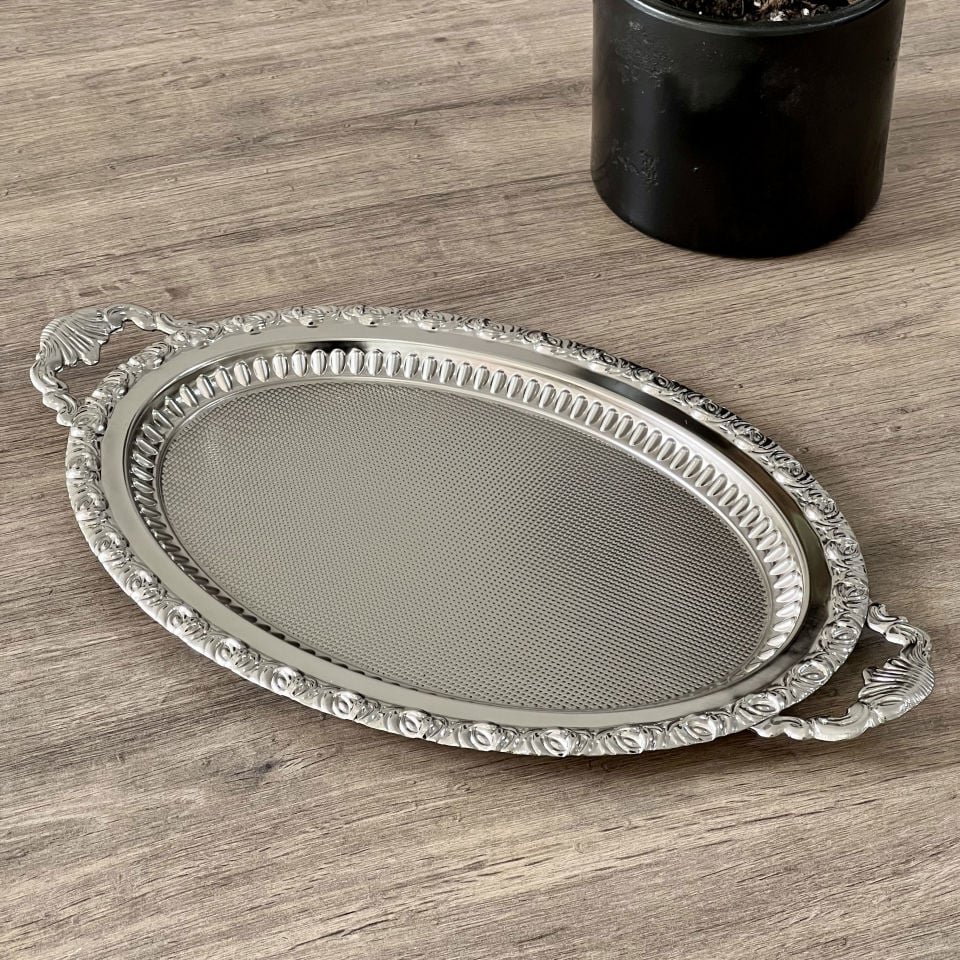 Gümüş Renk Metal Oval Orta Boy Tepsi 39 cm x 23 cm