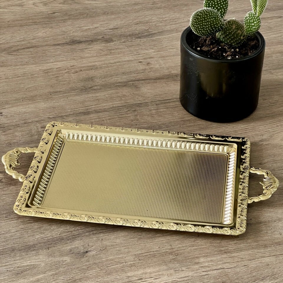 Gold Renk Metal Dikdörtgen Orta Boy Tepsi 32 cm x 23 cm