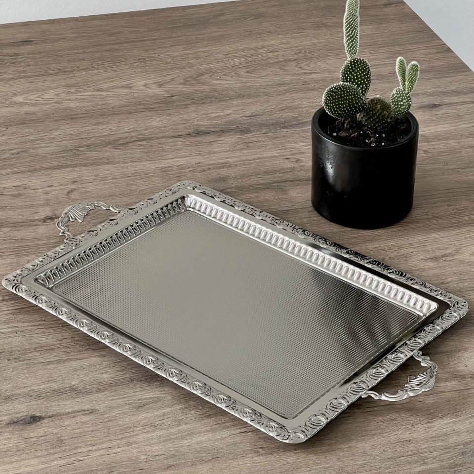 Gümüş Renk Metal Dikdörtgen Orta Boy Tepsi 39 cm x 23 cm