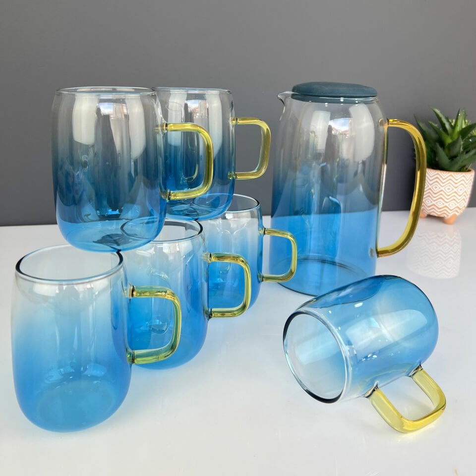Acar Lüx 7 Parça Borosilikat Blue Bohem Sürahi & Bardak Seti
