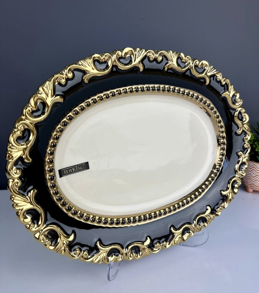 Royking Lüx Saray Serisi Servis Tabağı Siyah Gold Oval