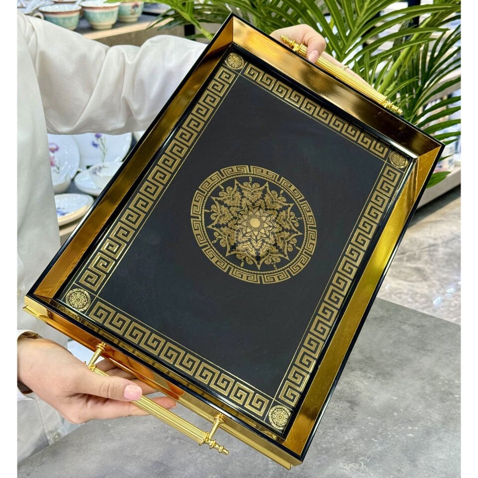 Lüx Avangarde Chich Dikdörtgen Desenli Tepsi Gold Gümüş