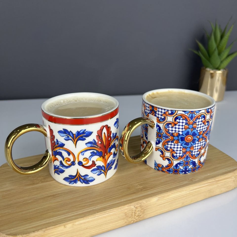 2 Li Lüx Vintage Hand Made Desen Porselen Kupa