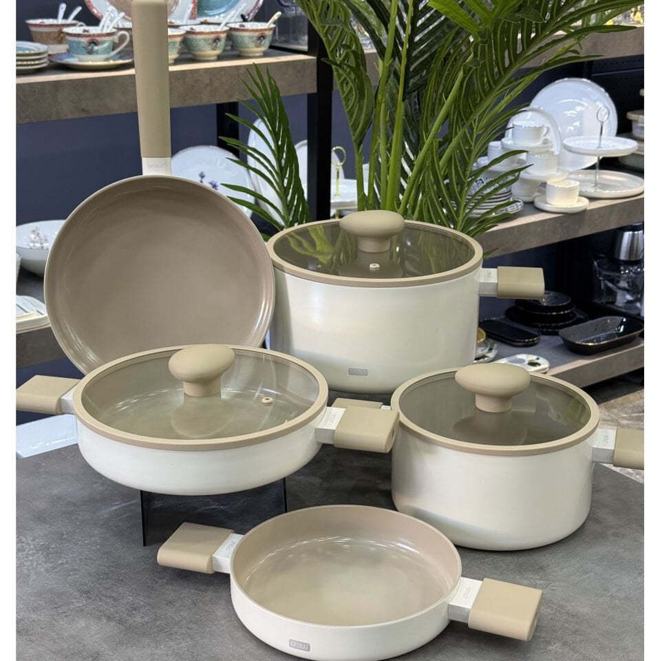 Kristal Kaplama Cooker Prof 8 Parça Tencere Seti Beyaz