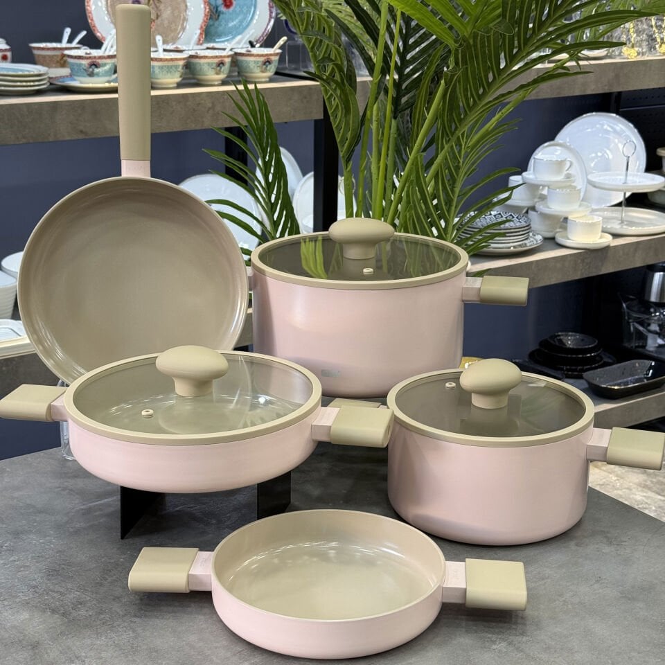 Kristal Kaplama Cooker Prof 8 Parça Tencere Seti Pembe