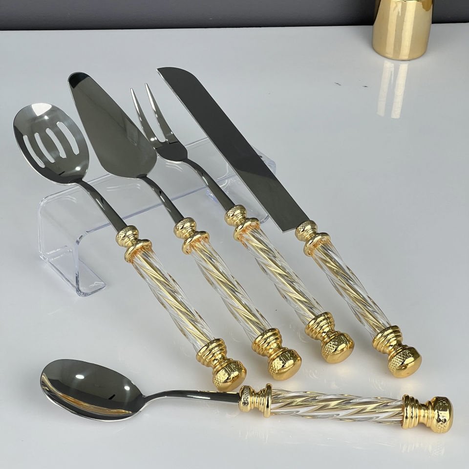 Lüx Cam Saplı 5 Parça Gold Servis Seti