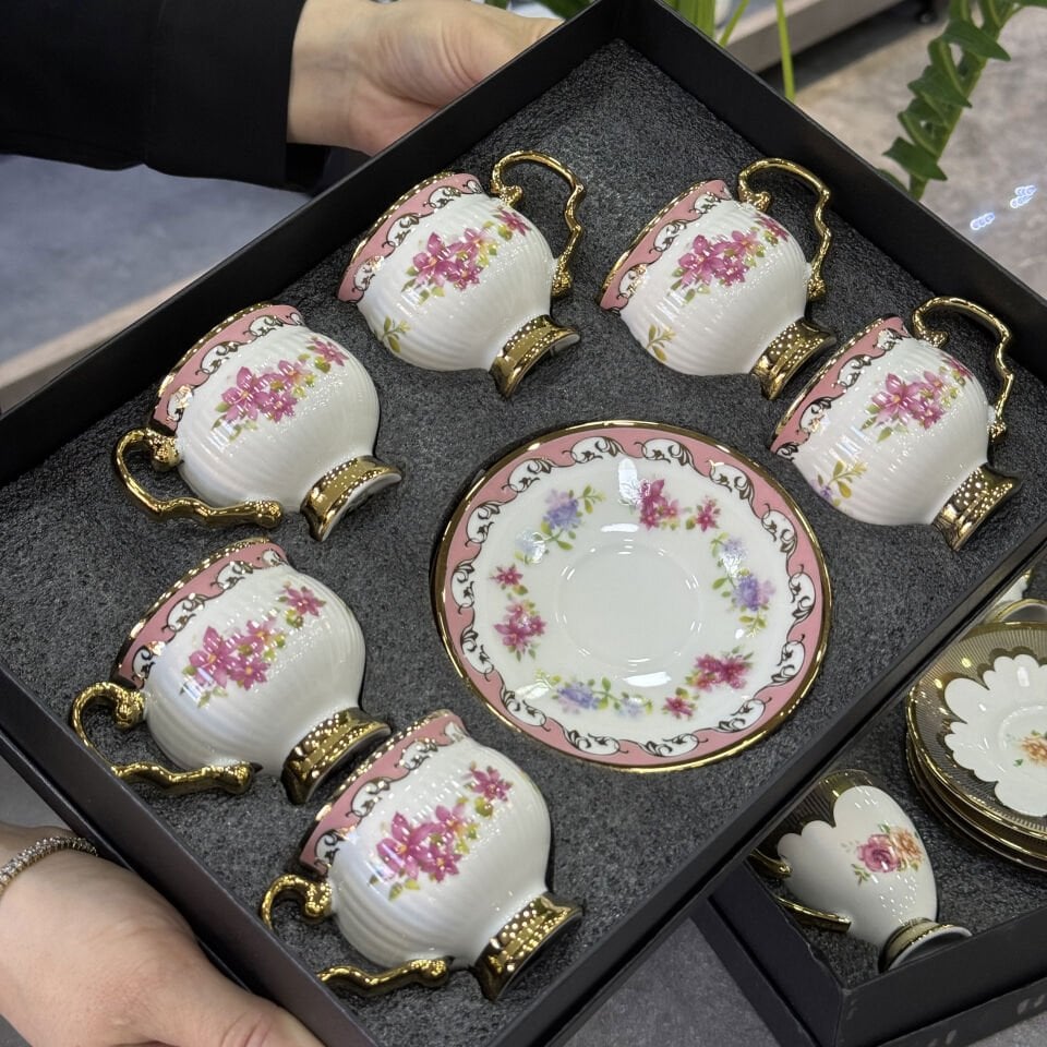 6 Lı Porselen Lotus Fincan Takımı Pembe