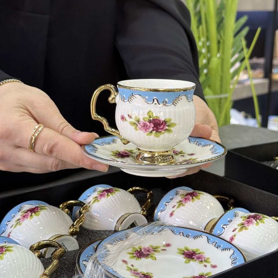 6 Lı Porselen Lotus Fincan Takımı Mavi