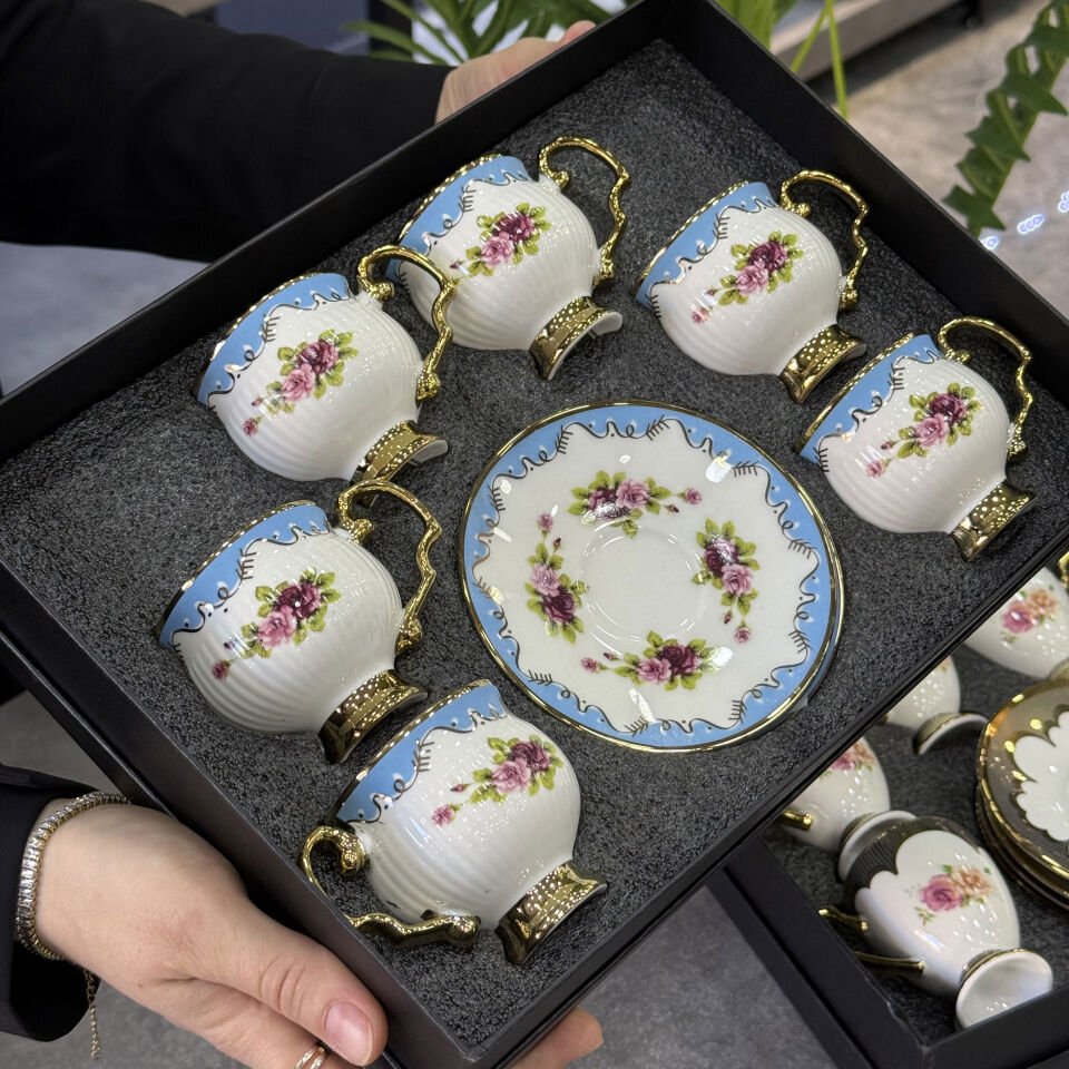 6 Lı Porselen Lotus Fincan Takımı Mavi
