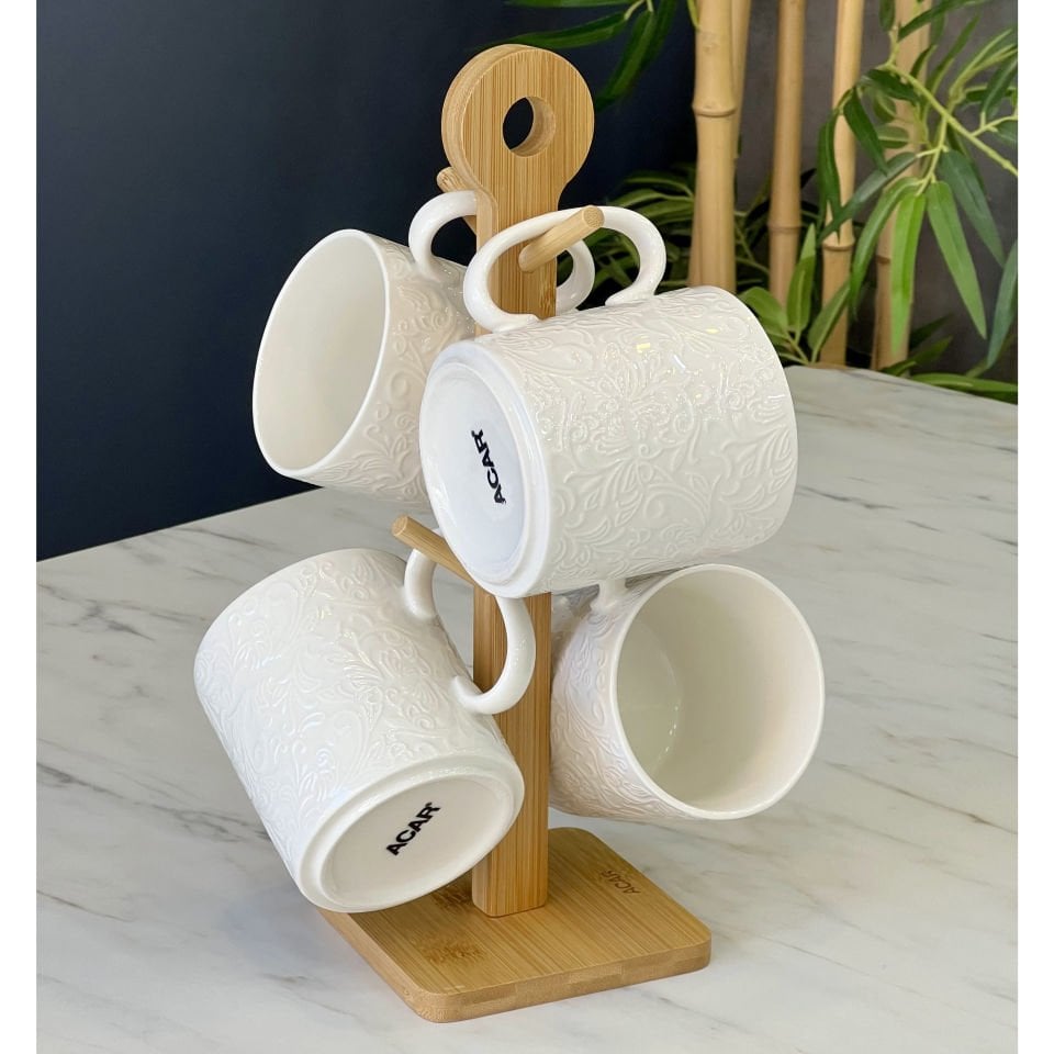 Bambu Standlı Porselen 4 Lü Kupa Seti