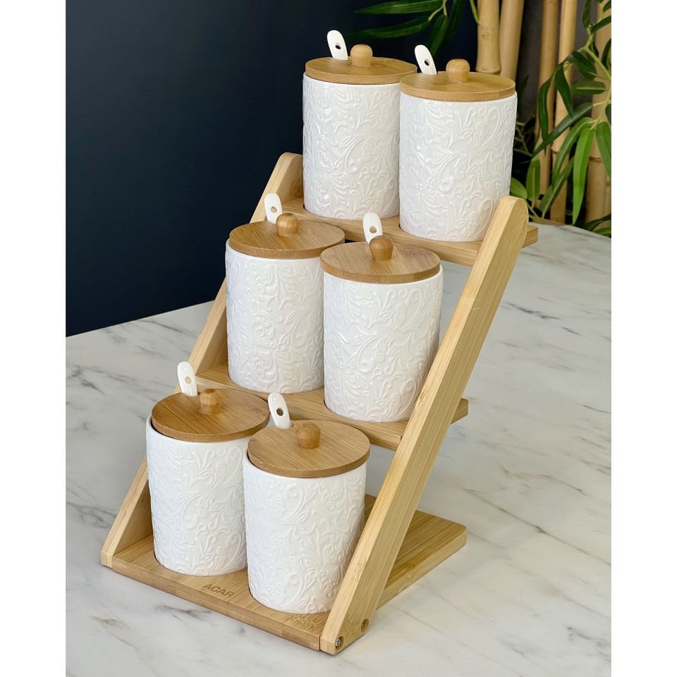 Bambu Standlı 6 Lı Porselen Baharat Takımı