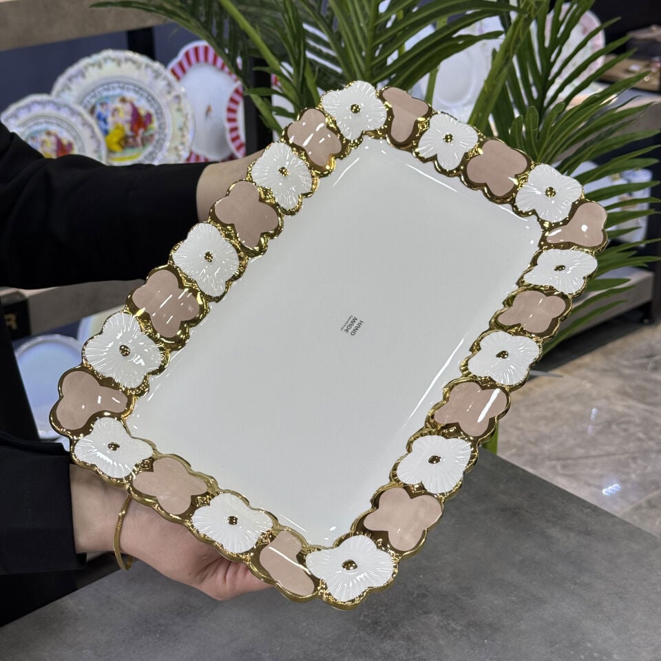 Cleef Porselen Dikdörtgen Sunum Tabağı Pink