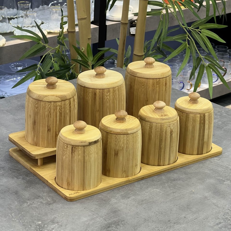 Seri Sonu Lüx Tamamen Bambu Standlı 7 Li BaharatLık