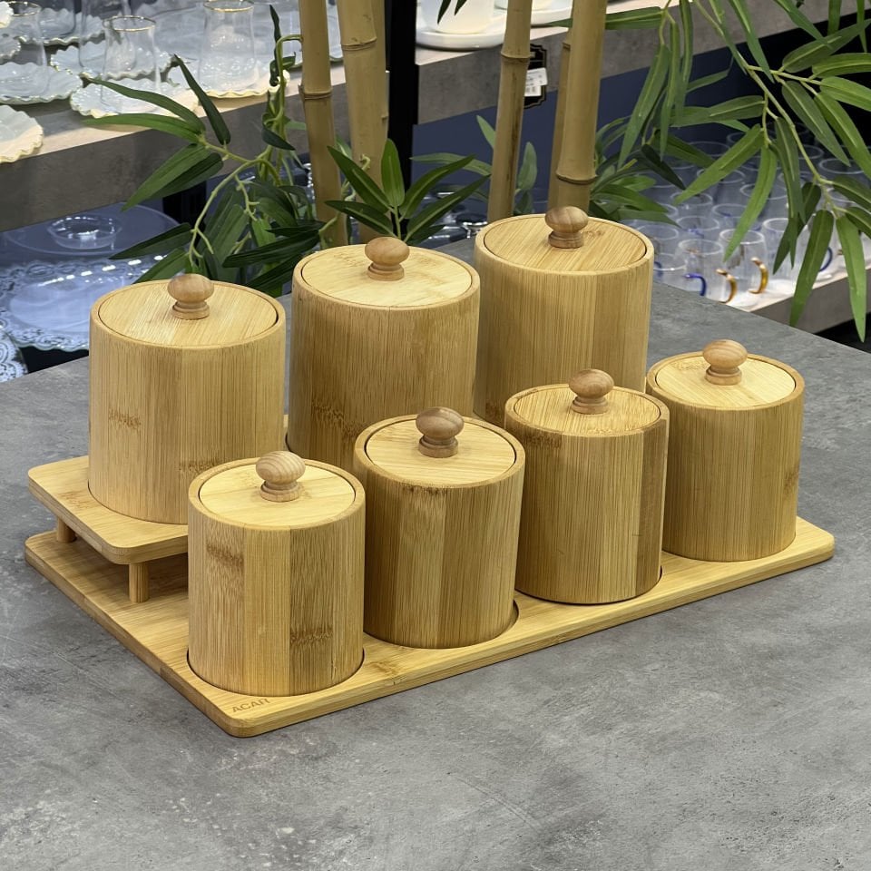 Seri Sonu Lüx Tamamen Bambu Standlı 7 Li BaharatLık