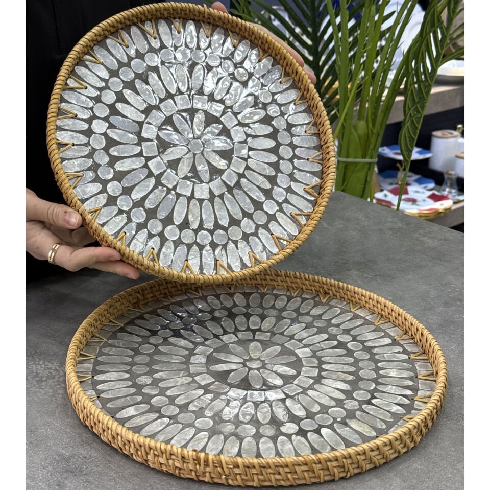 Bambu 2 Li Sedefli Yuvarlak Tepsi Desen 4