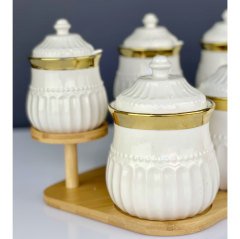 Lüx Gold Yaldızlı 7 Li Bambu Porselen Standlı Bonjaita Baharat Takımı