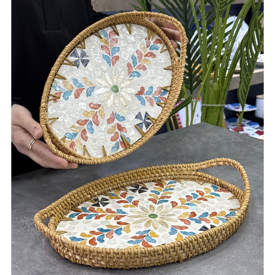 Bambu 2 Li Sedefli Oval Tepsi Desen 4