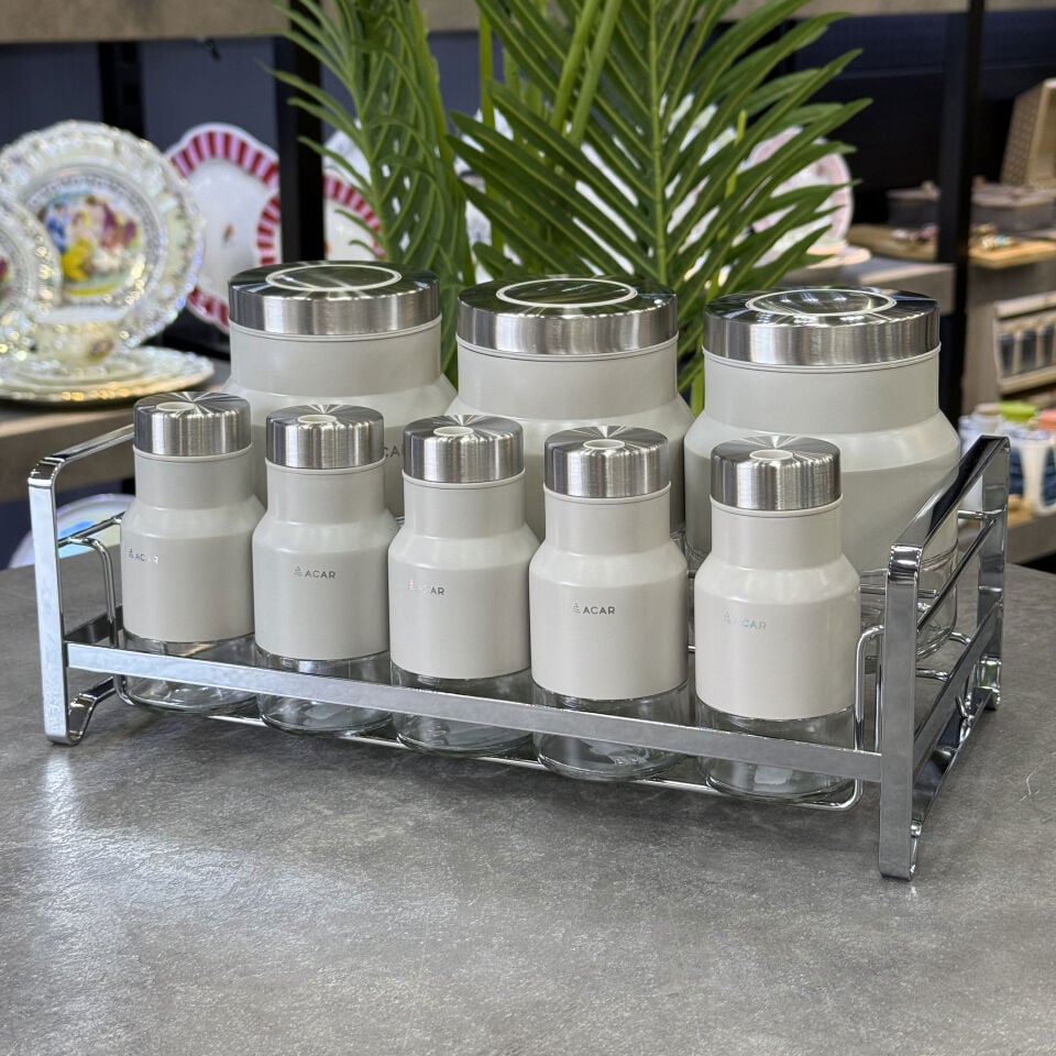 Colt Koleksiyon 9 Parça Metal Cam Standlı Baharat Takımı Cream