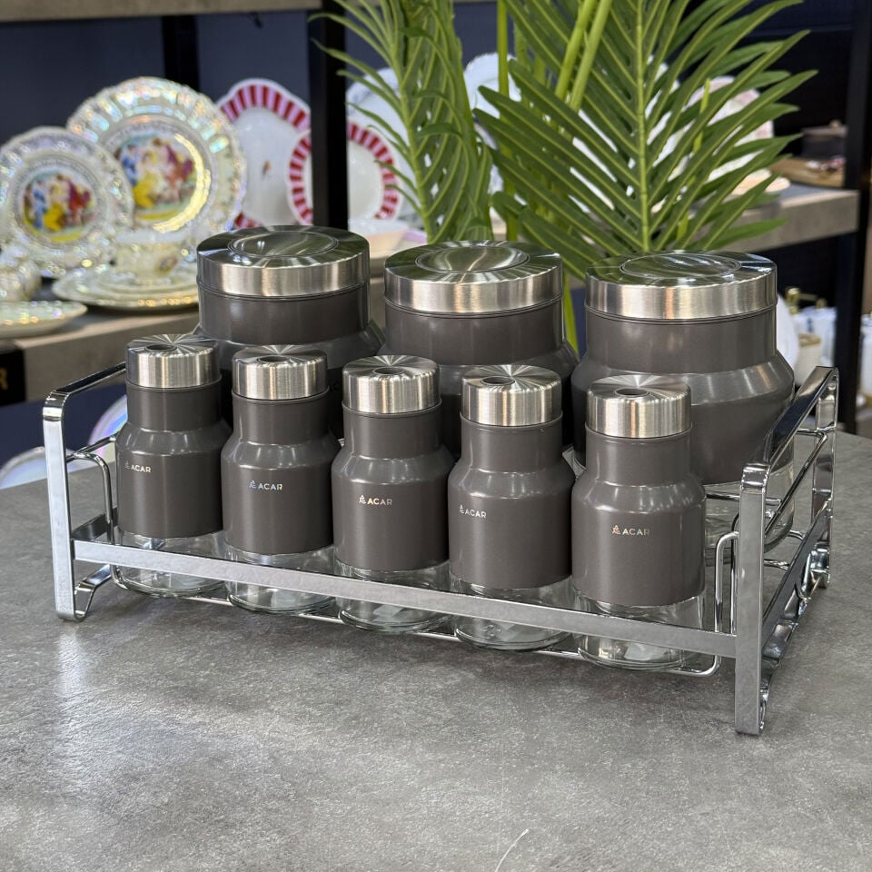 Colt Koleksiyon 9 Parça Metal Cam Standlı Baharat Takımı Silver