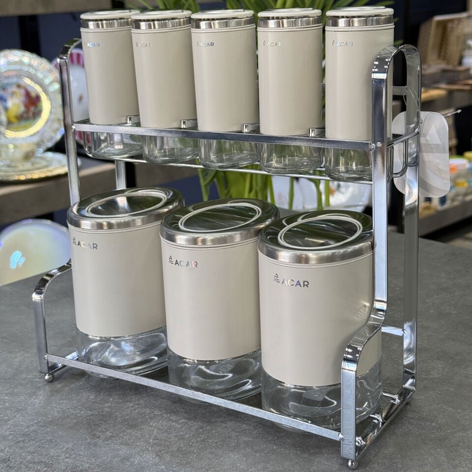 Arlo Koleksiyon 9 Parça Metal Cam Standlı Baharat Takımı Cream