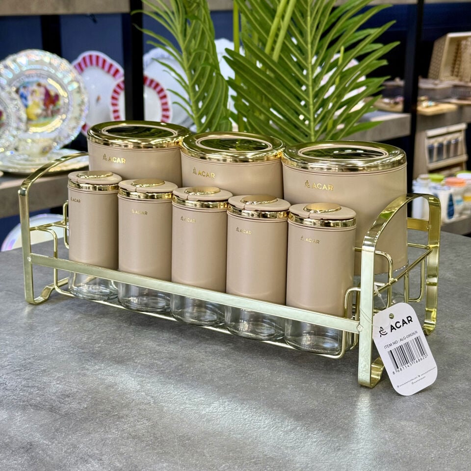 Arlo Koleksiyon 9 Parça Metal Cam Standlı Baharat Takımı Gold