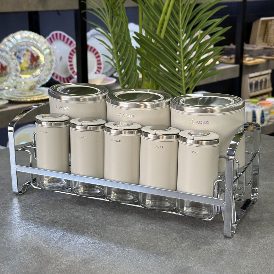 Arlo Koleksiyon 9 Parça Metal Cam Standlı Baharat Takımı Cream