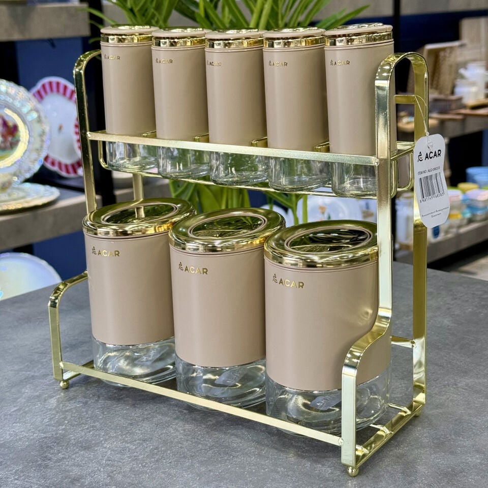 Arlo Koleksiyon 9 Parça Metal Cam Standlı Baharat Takımı Gold