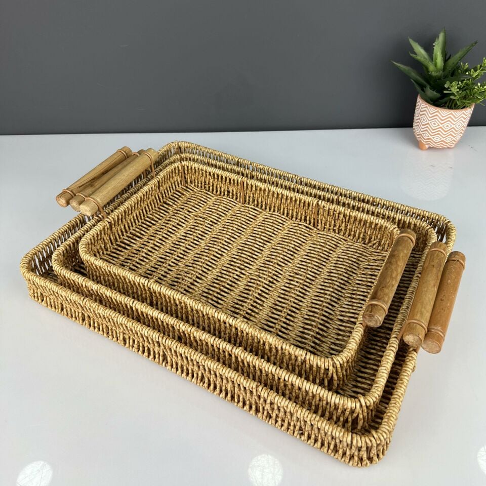 Lüx Rattan Dikdörtgen 3 Lü Tepsi