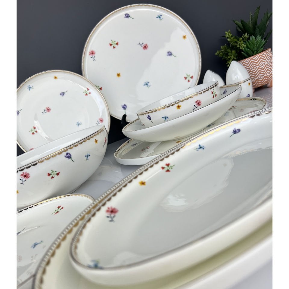 Lüx Porselen Gemma 57 Parça 12 Kişilik Bone China Yemek Takımı