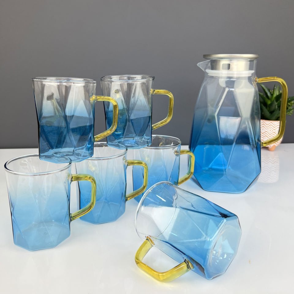Acar Lüx 7 Parça Borosilikat Blue Lizbon Sürahi & Bardak Seti