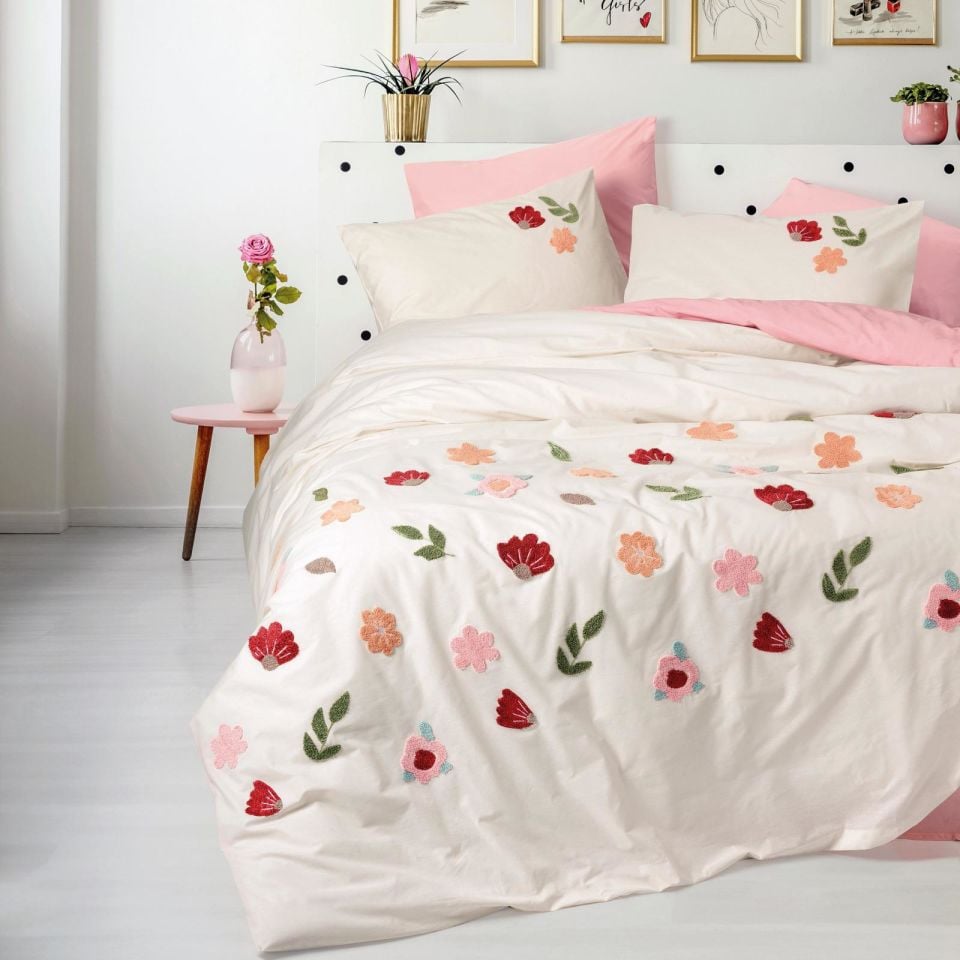 TMS Box Puff Nakışlı Ranforce Çift Kişilik Nevresim Takımı Blossom Somon