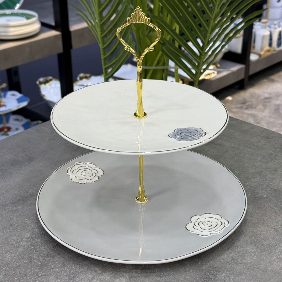 Lüx Porselen Rozsa 2 Katlı Servis Gri