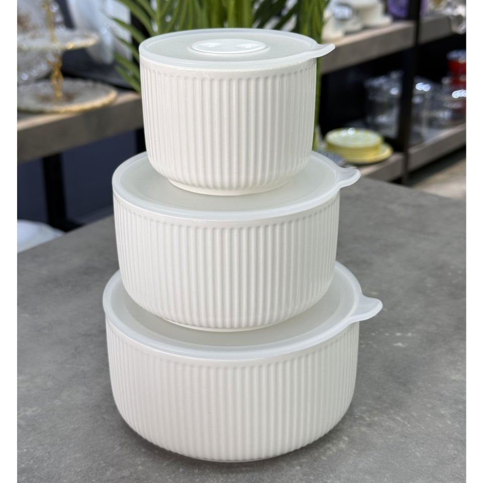 Seri Sonu Lüx Vakum Kapaklı Stonware 3 Lü Saklama Kabı Krem