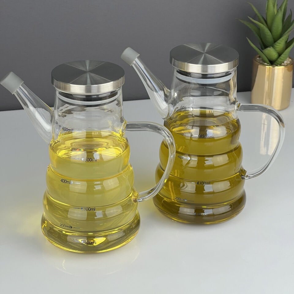 2 Li Set Borosilikat Cam Metal Kapaklı 600 Ml Ölçülü Yağlık