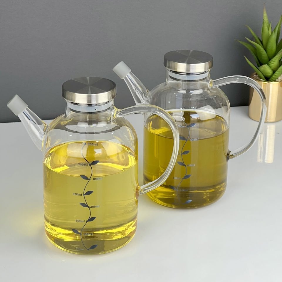 2 Li Set Borosilikat Cam Metal Kapaklı 800 Ml Ölçülü Yağlık