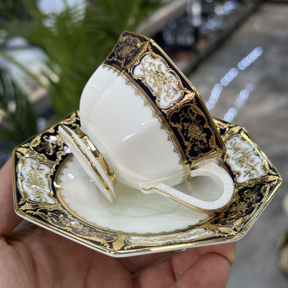 Bone China Porselen Lüx 6 Lı 9 Köşe Retro Fincan Takımı Lacivert