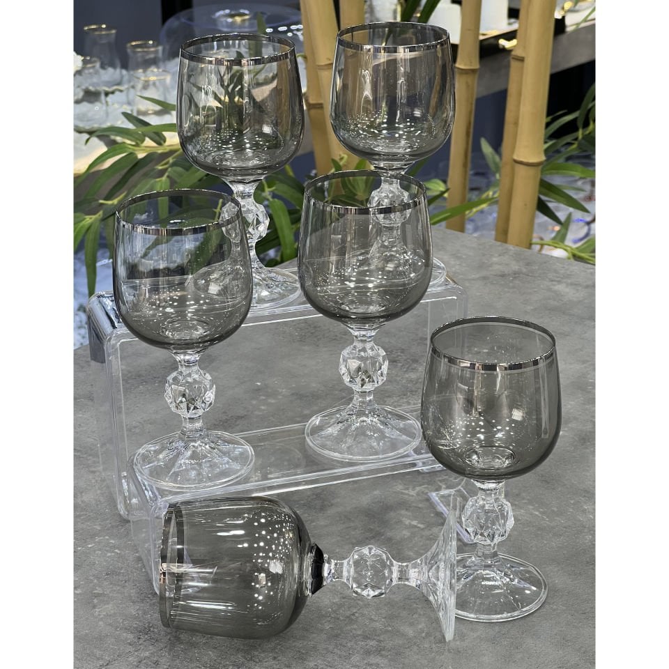 Luster Füme Çekoslavakya Kristal Gümüş 6 Lı Kahve Yanı Bardak