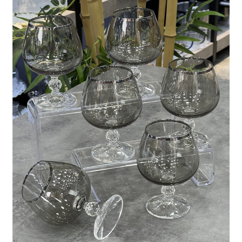 Luster Füme Çekoslavakya Kristal Gümüş 6 Lı Kahve Yanı Bardak