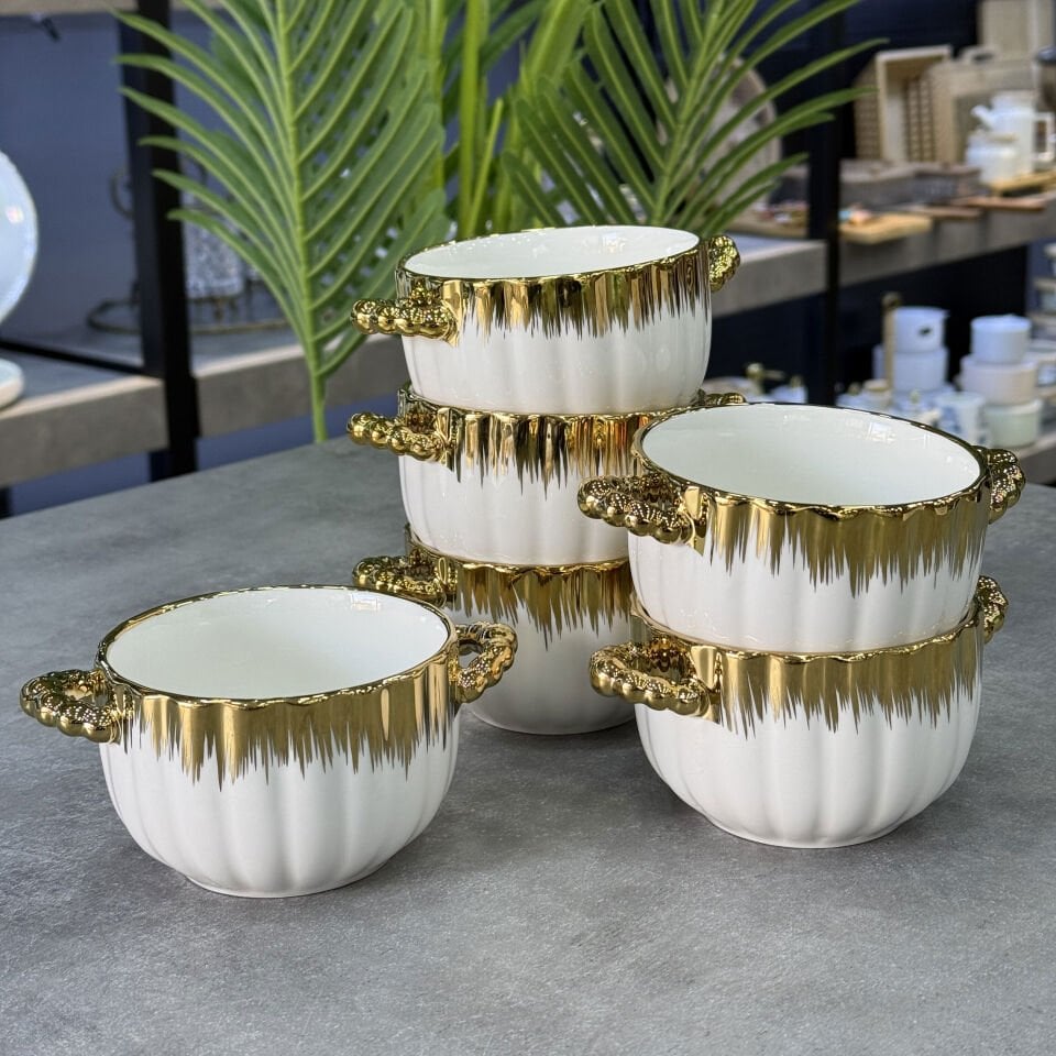 Lüx Porselen 6 Lı Kulplu Gold Kase