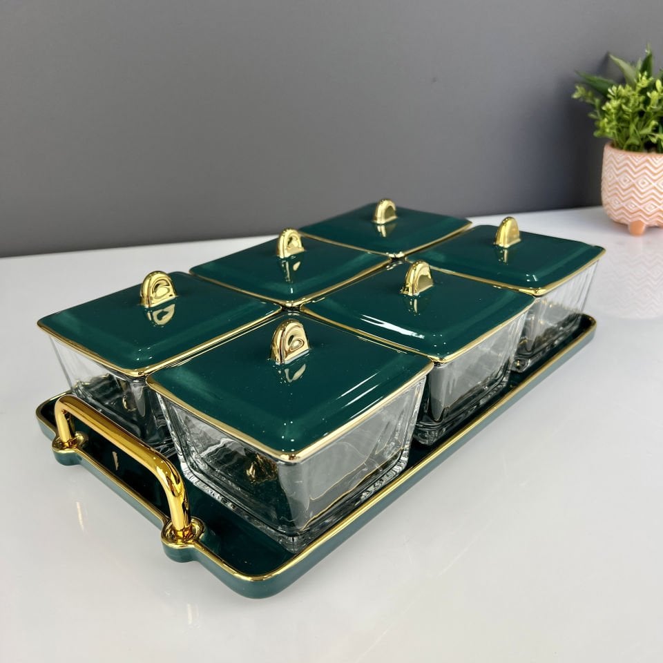 Lüx Porselen Cam Gold Yeşil 6 Lı Kahvaltı Takımı