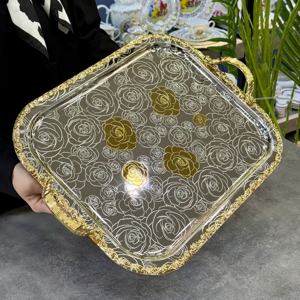 Desti Koleksiyon Gold Gri Bufolo Dikdörtgen Tepsi