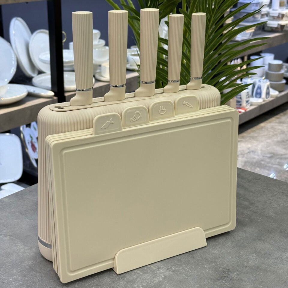 10 Parça Kesim Tahtalı Bıçak Seti Krem