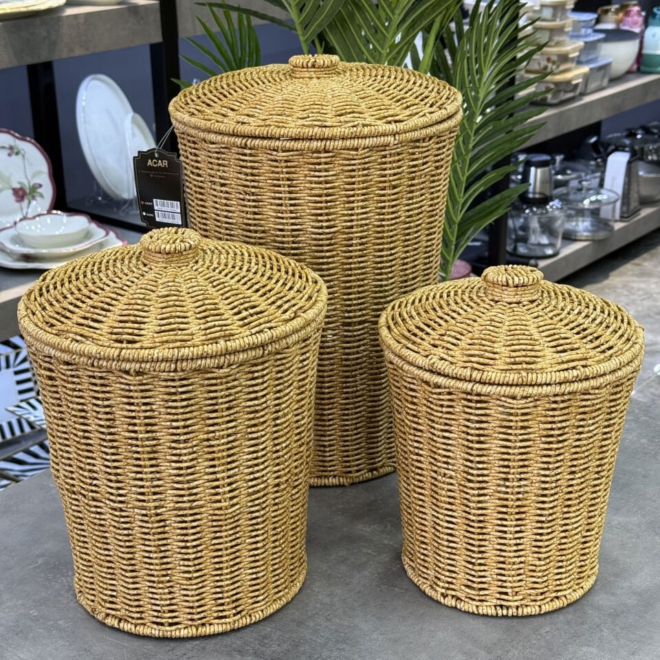 Kapaklı 3 Lü Rattan Dik Sepet Açıkkahve