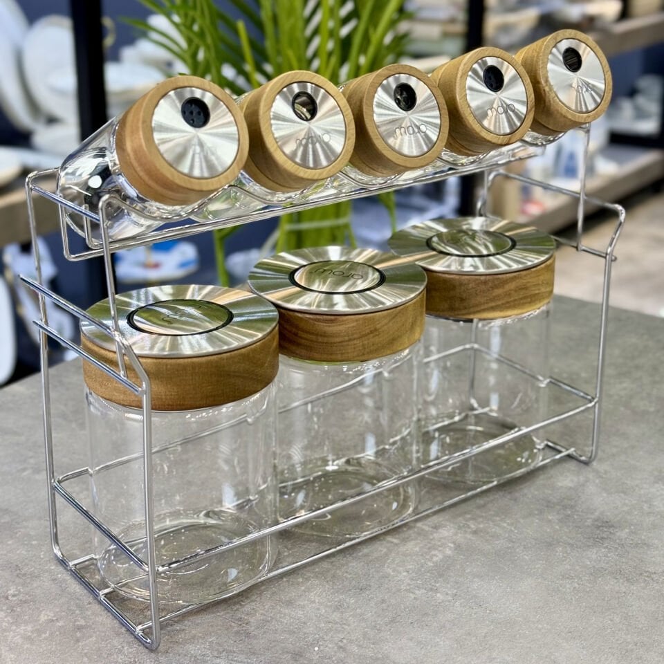 Arow Axel 9 Lu Standlı Bambu Cam Baharat Takımı