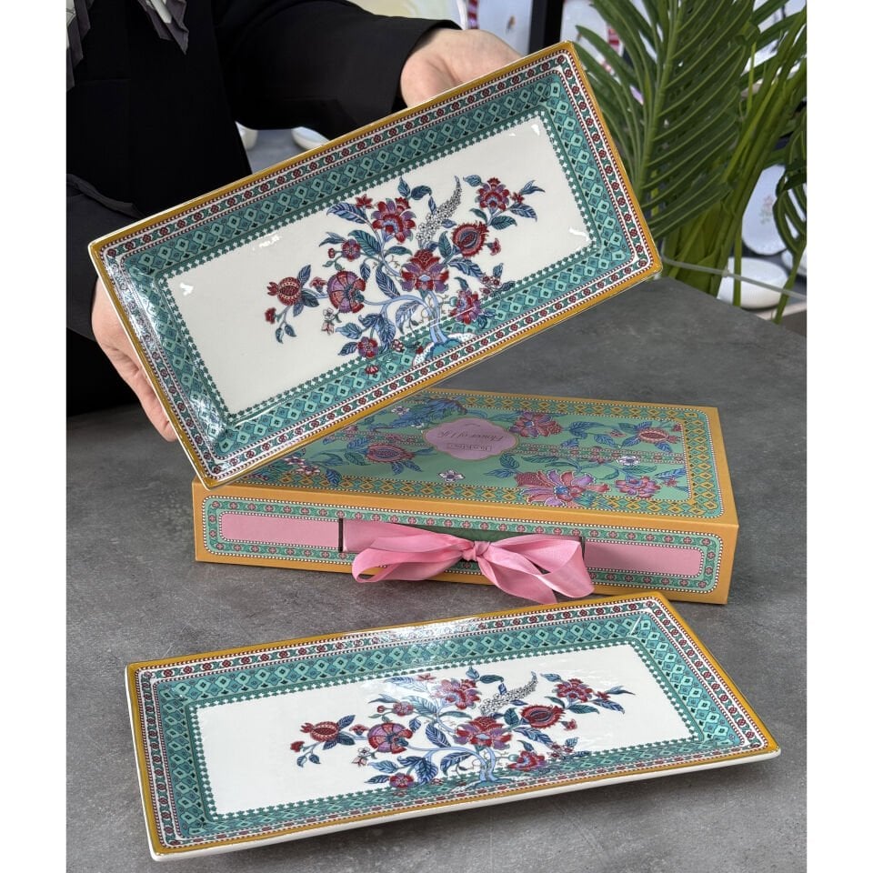 Vintage Flower Of Life Porselen 2 Li Dikdörtgen Tabak