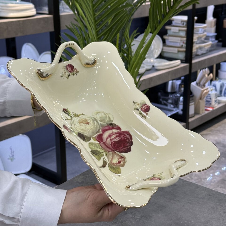 Rose Porselen Dikdörtgen Kulplu Servis