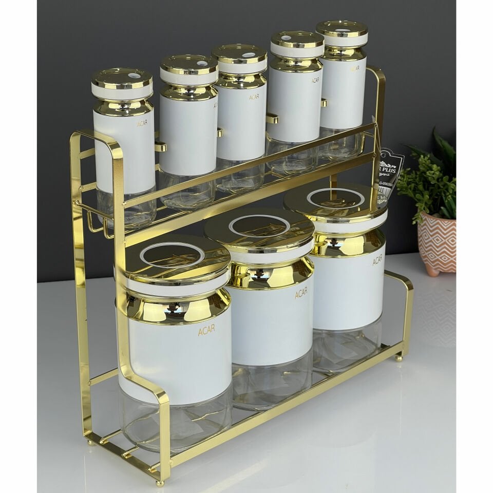 Lüx Metal Drake Gold Beyaz Standlı 9 Parça Baharat Takımı