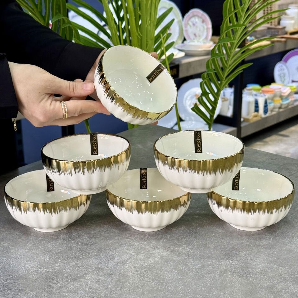 Porselen 6 Lı Gold Yaldızlı Kase Takımı Beyaz
