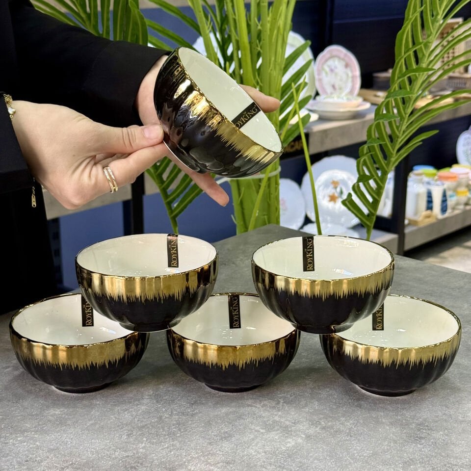 Porselen 6 Lı Gold Yaldızlı Kase Takımı Siyah